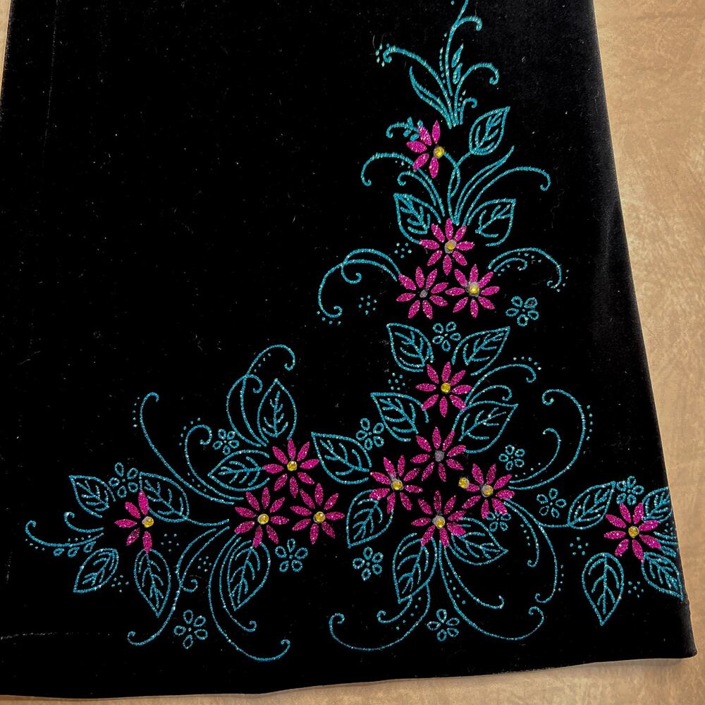 Vintage 90s Black Velour Floral Glitter Maxi Skirt Rhinestone Whimsigoth Fairy - Picture 5 of 7